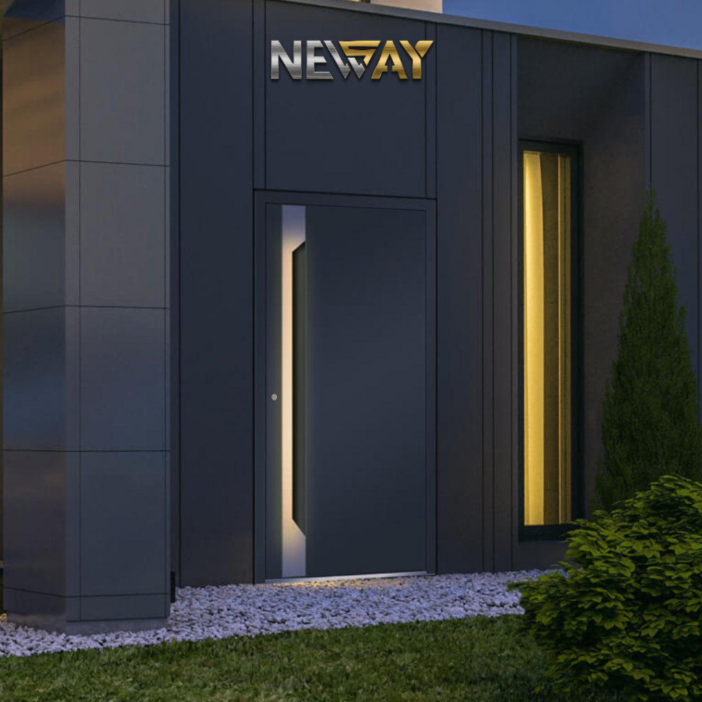 Modern illuminated front door with NEWAY logo on dark facade