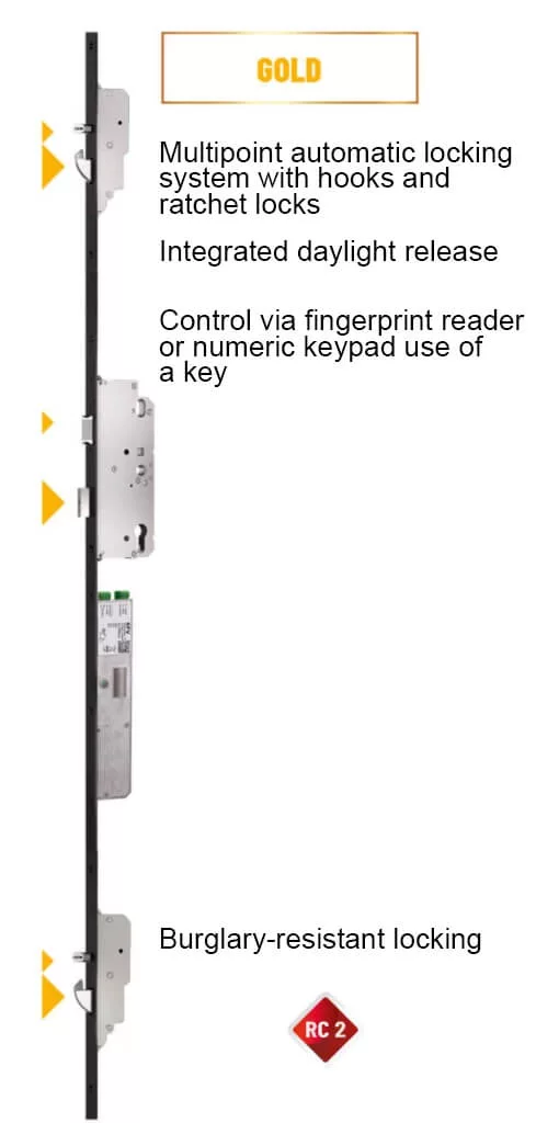 Smart multipoint door lock with hooks, ratchets, and RC2 security – Gold model