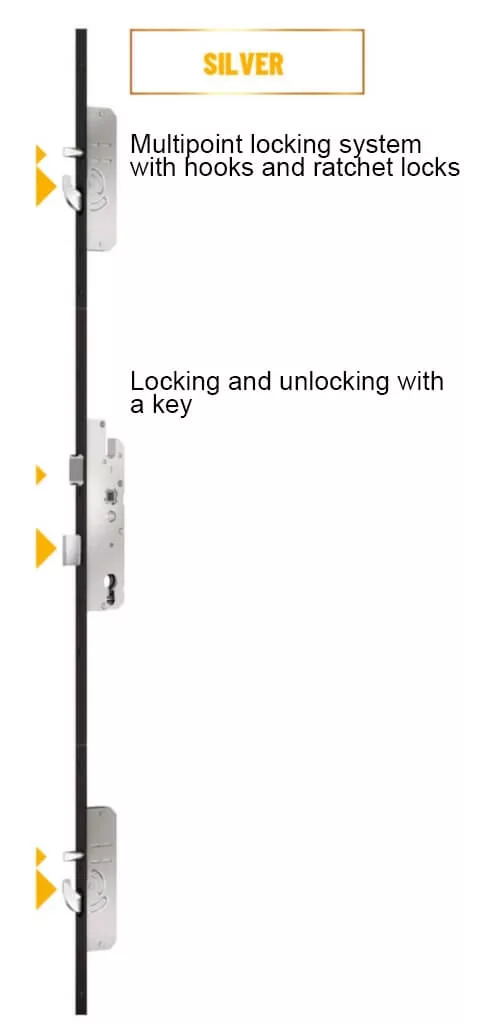 Multipoint door lock system with hooks and ratchets – Silver model