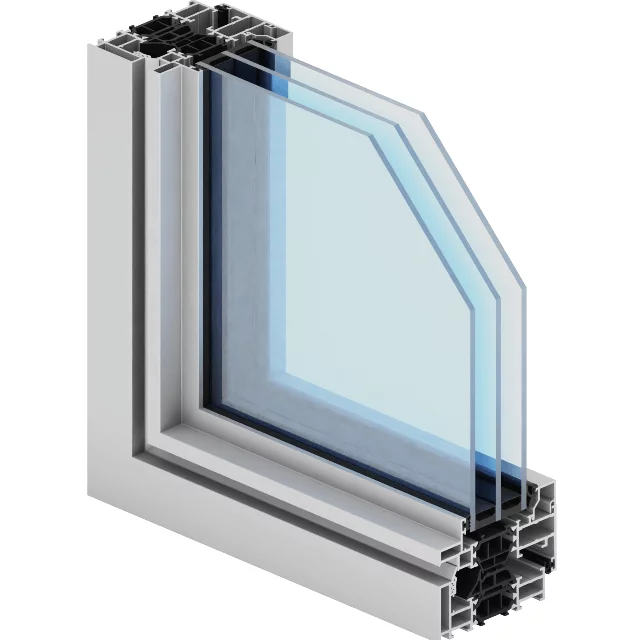 Triple-pane aluminum window cross-section with thermal insulation