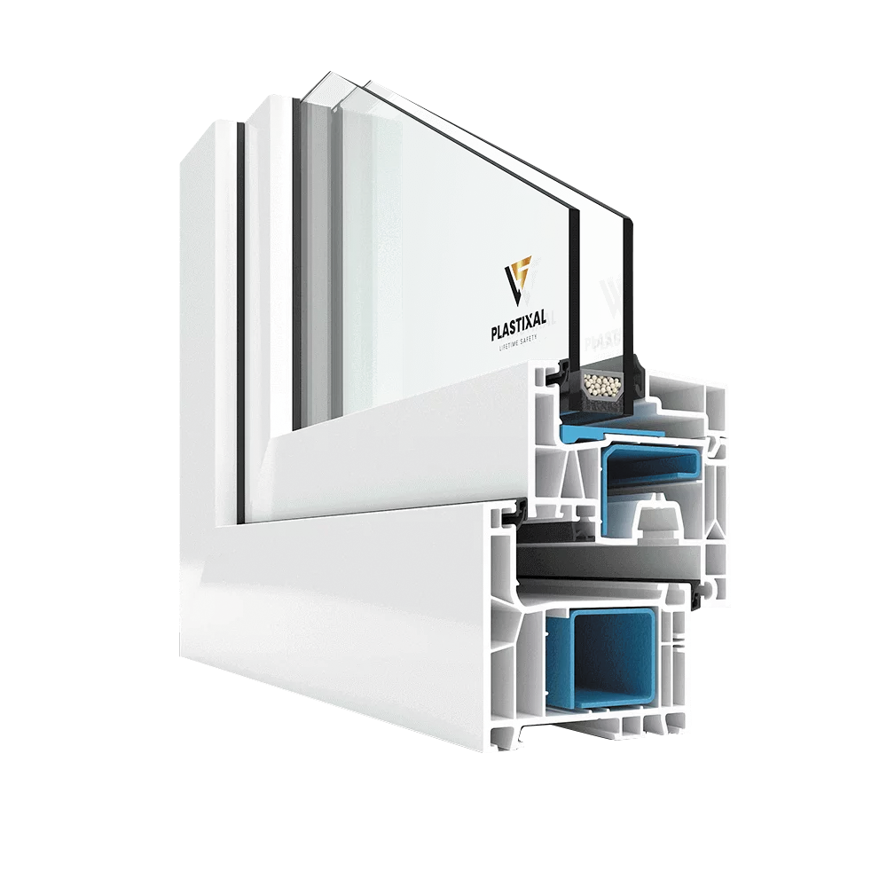 Cross-section of white PVC window profile with triple glazing and steel reinforcement