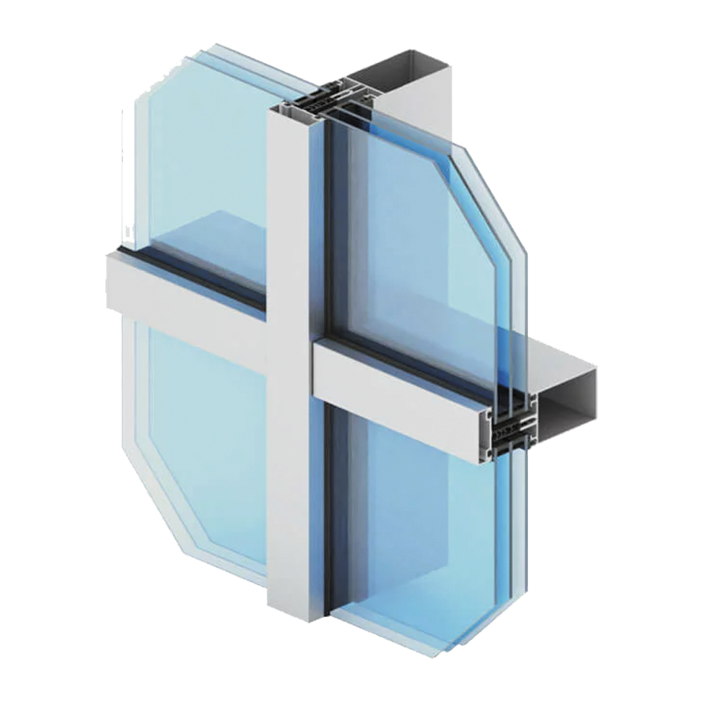 Cross-section of curtain wall mullion and transom system with double-glazed units