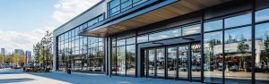 Commercial storefront with large glass curtain wall and aluminum entrance doors in modern shopping plaza