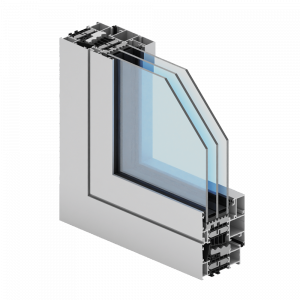 Triple-glazed aluminum window cross-section with thermal break and insulated glass