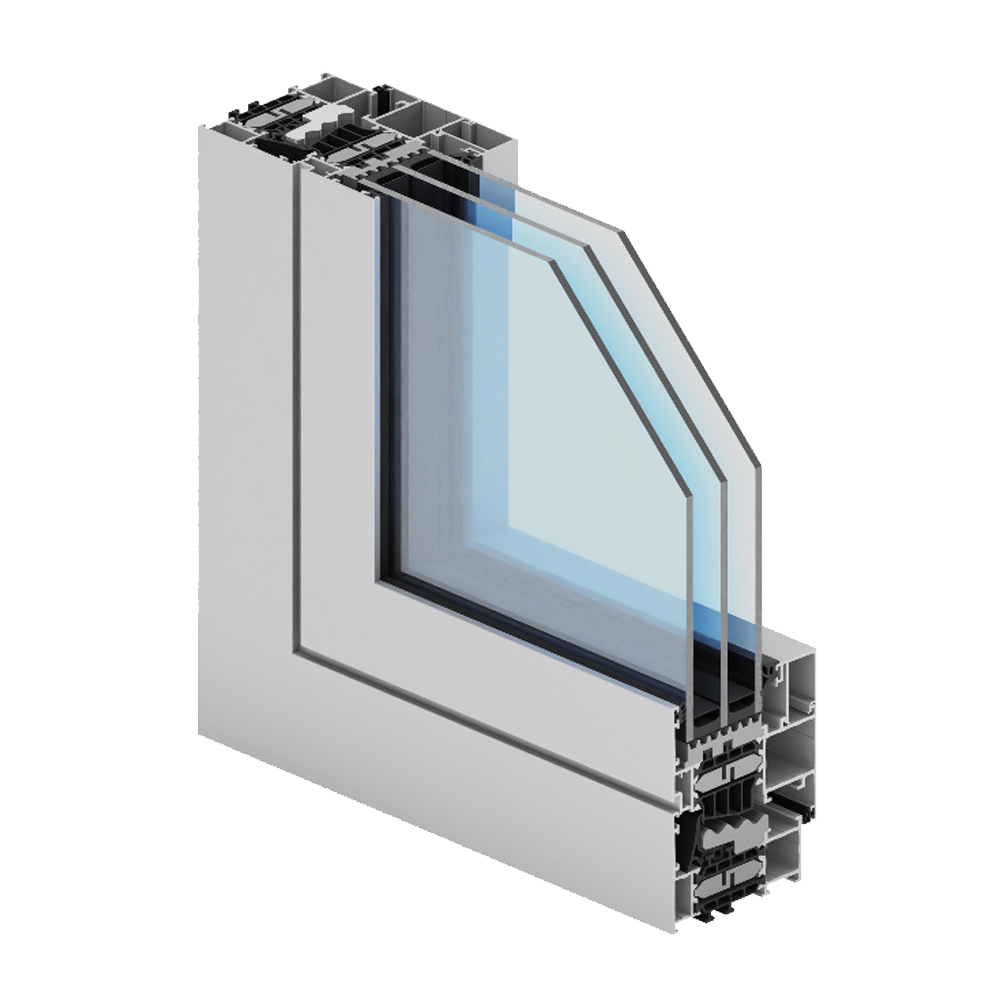 Triple-glazed aluminum window cross-section with thermal break and insulated glass