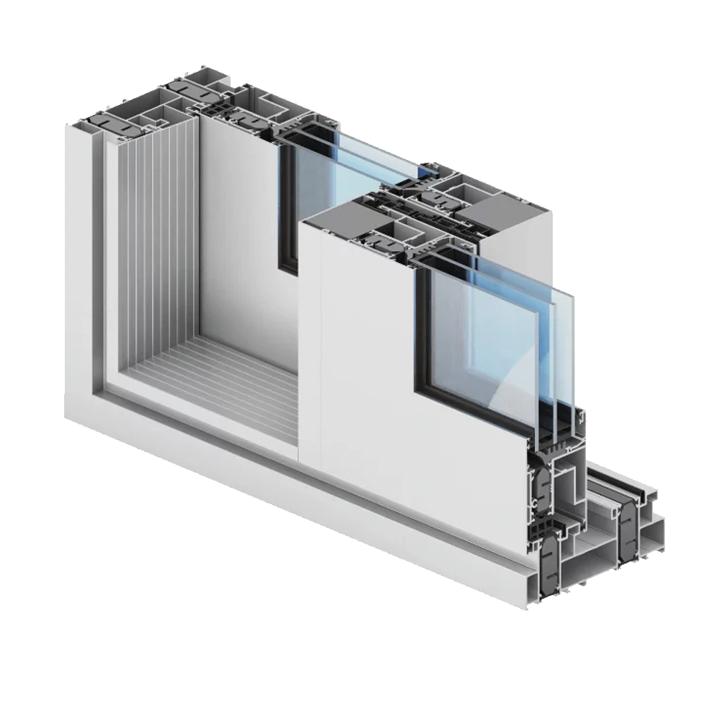 Cross-section of aluminum lift-and-slide patio door with triple glazing and thermal insulation