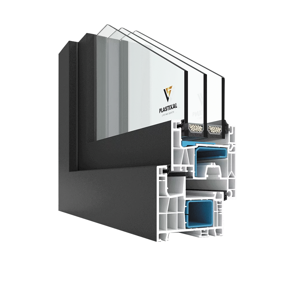 Cross-section of modern black PVC window frame with triple-pane insulated glass and steel reinforcement