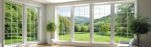 Large white fixed windows with muntin bars overlooking green landscape in bright living room
