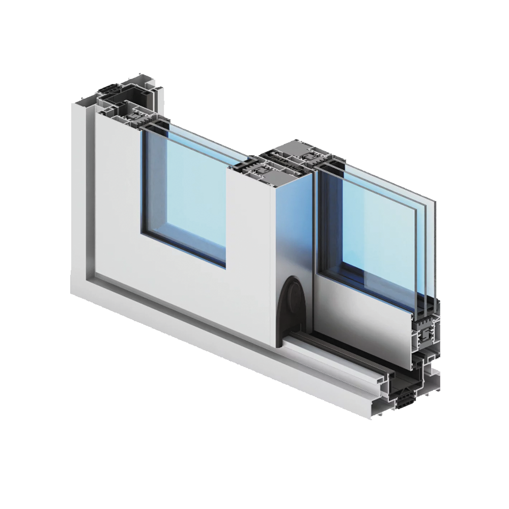 Cross-section of aluminum sliding door system with triple glazing and brush seal technology