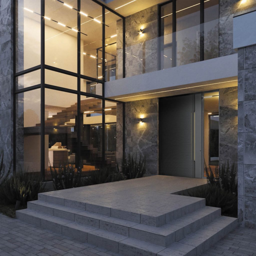 Modern glass façade with aluminum front door and stone steps at dusk
