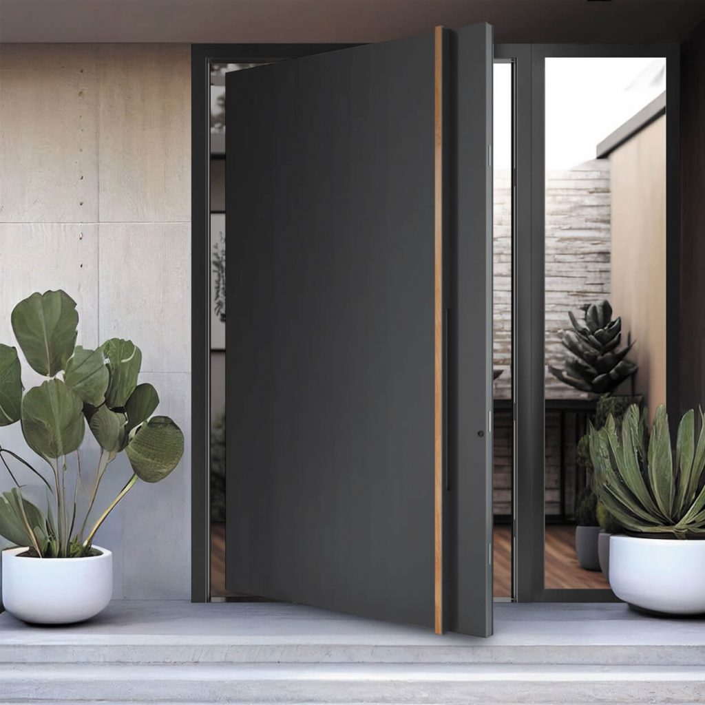 Modern matte black pivot door with side glass panel and potted plants in minimalist entrance