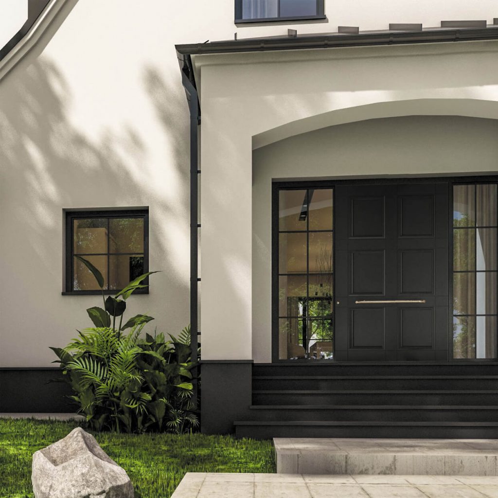 Classic double front door in black with sidelights and traditional panel design
