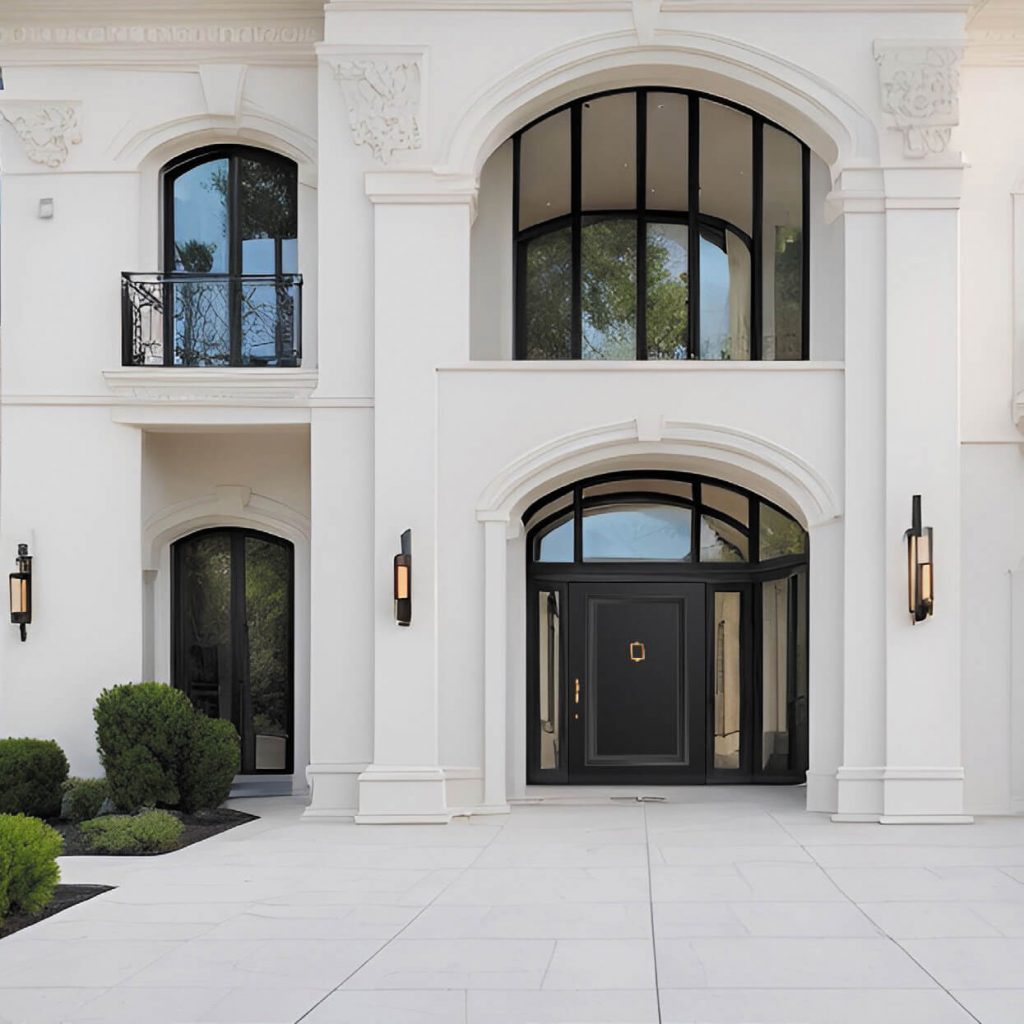 Luxury black front door with arched transom and sidelights in a classical white facade