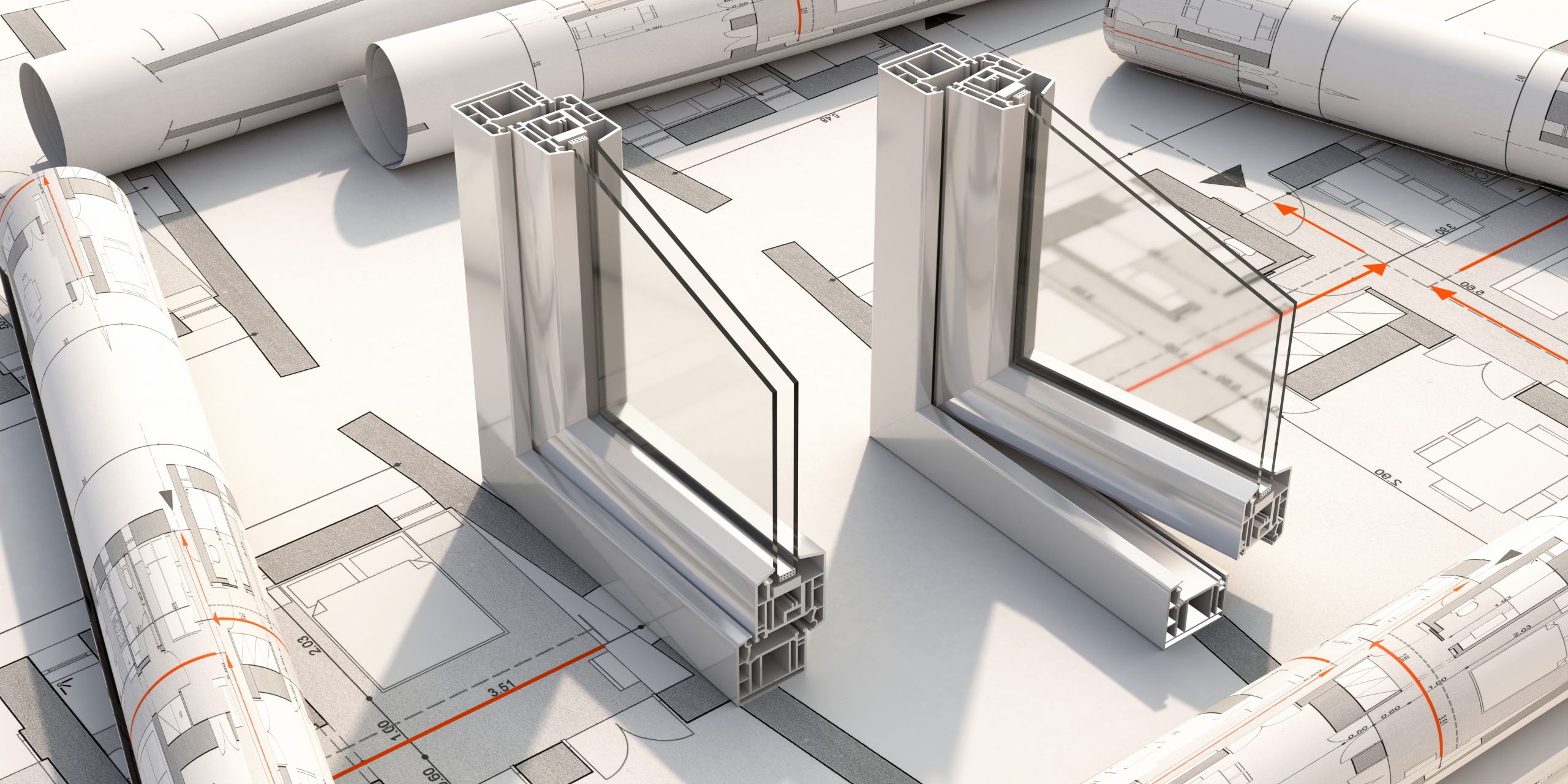 Aluminum window profiles with glass displayed on architectural plans, showing neutral window color options