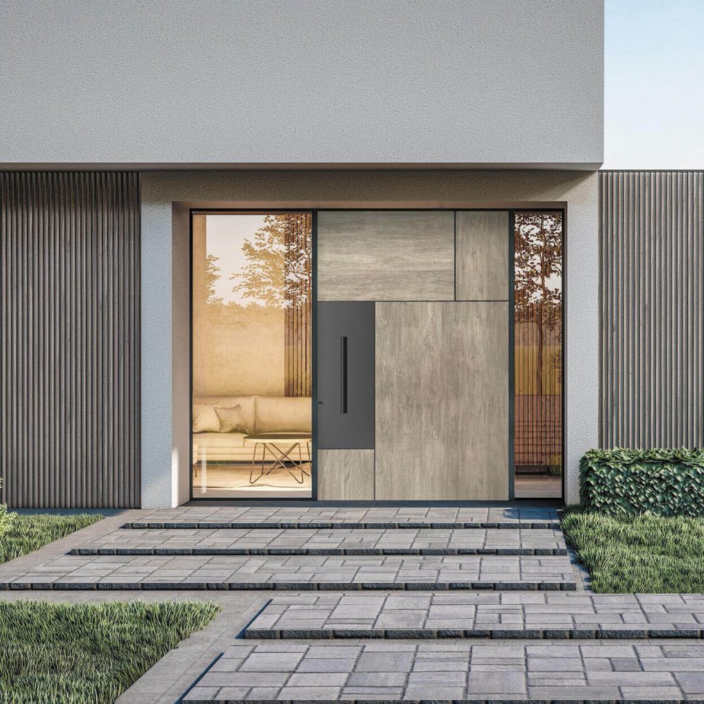 Modern concrete-style front door with full sidelights and geometric panel design