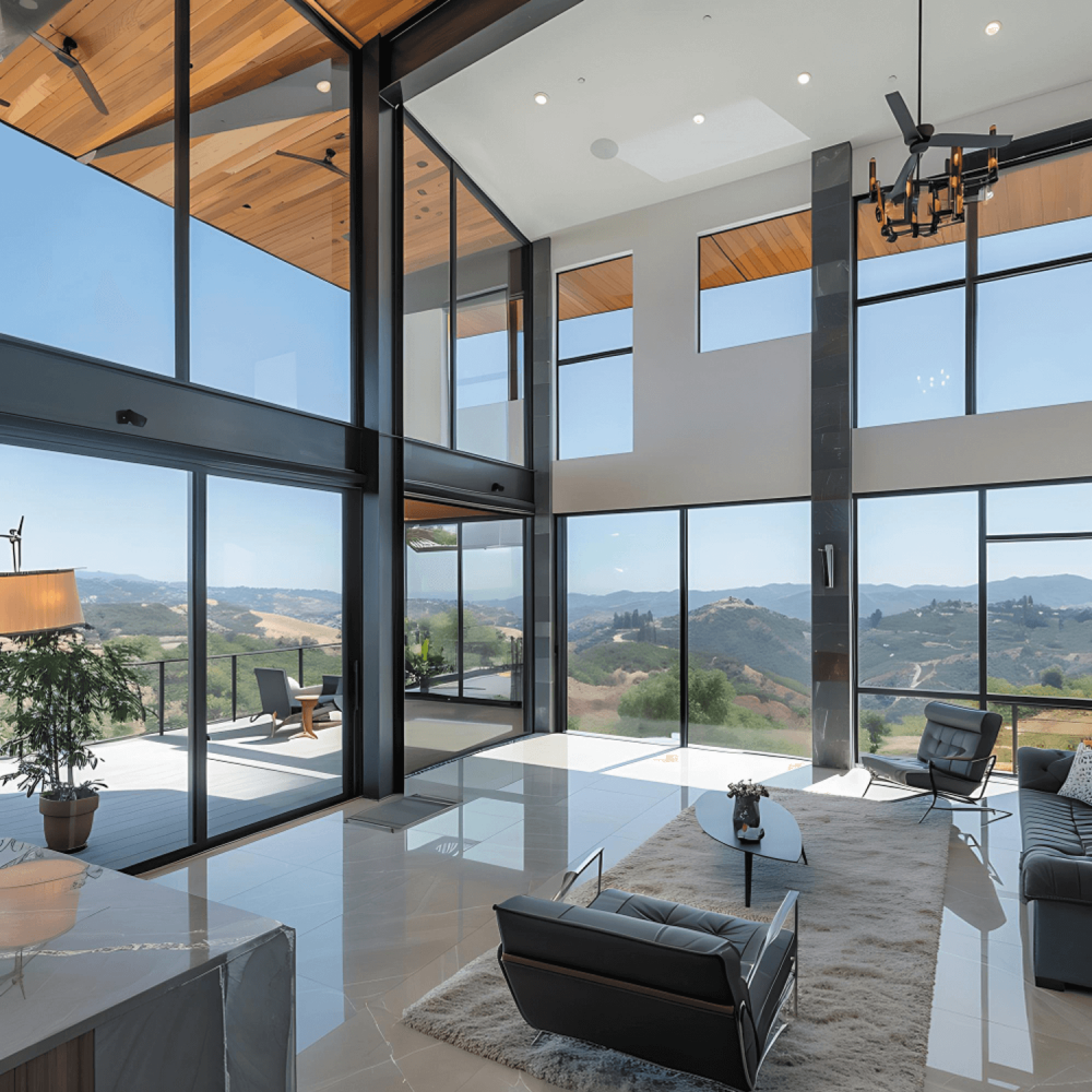 Stunning interior with floor-to-ceiling glass and black window color overlooking scenic mountain views
