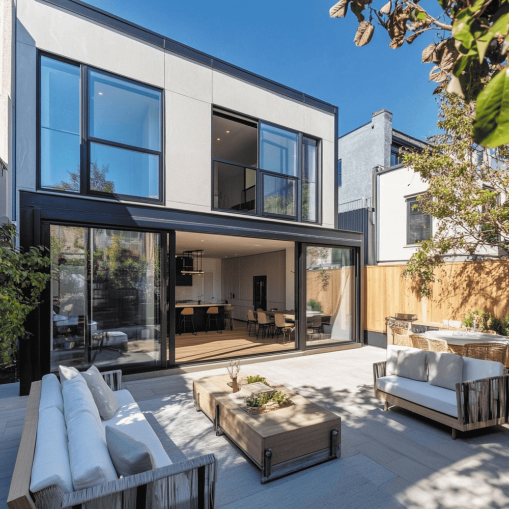 Modern home with large glazing and open patio with outdoor seating