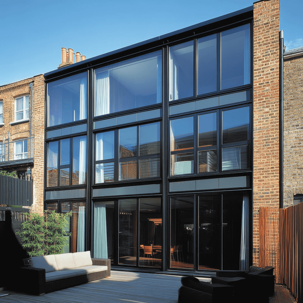 House with large glazing and black aluminum frames on three stories