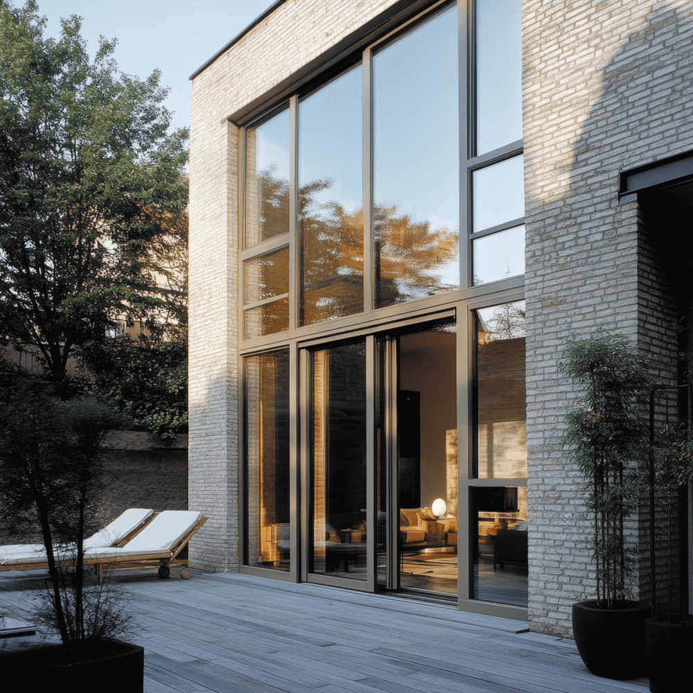 Modern beige brick house with tall aluminum windows in warm bronze window color