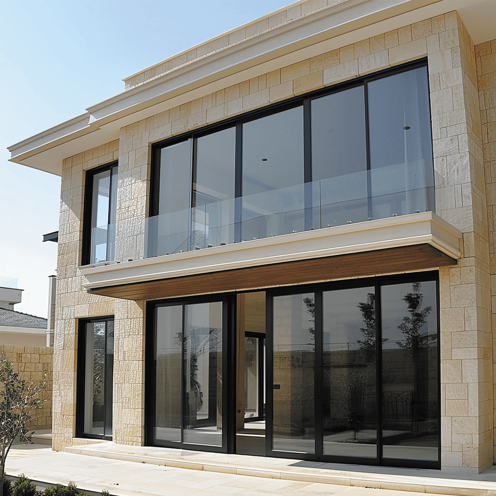 Modern villa with large aluminum windows in black window color and light stone façade
